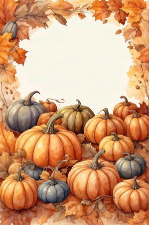 watercolor autumn frame. Autumn banner made of pumpkins, leaves and vegetables on a white background with copy space. Ideal for Thanksgiving decoration, Harvest Day greeting cards, Halloween.の写真素材