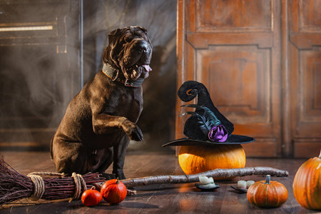 huge black Shar Pei dog sits next to a broom and pumpkins, with smoke and a mysterious Halloween atmosphere all around.の写真素材