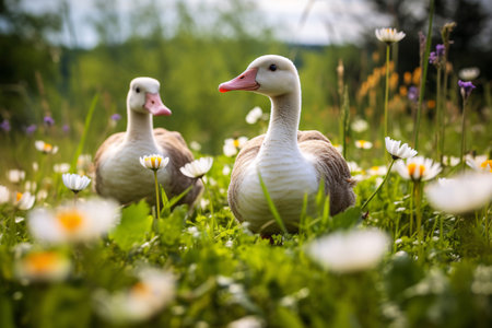 A group of white geese with little goslings walks through a green meadowの写真素材