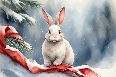 Children's Christmas card with bunny, painted in watercolor. Template for congratulations, invitations.の写真素材
