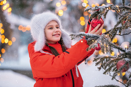 A teenage girl decorates a Christmas tree outside on a snowy winter day.の写真素材