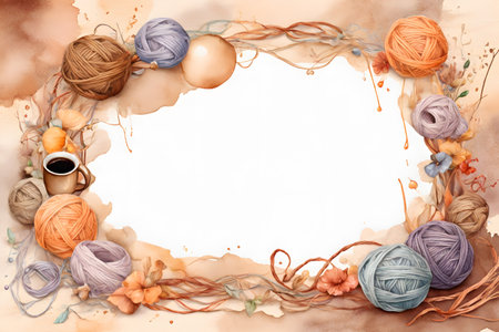 A template with space for text in the center and a frame of skeins of yarn in bright autumn colors.の写真素材