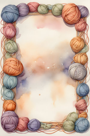 Template for an announcement, invitation or sale with copy space in the center and a frame made of wool or cotton yarn cups.の写真素材