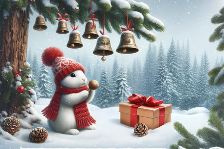 Children's Christmas greeting card with a cute bunny playing bells in a fairytale winter forest.の写真素材