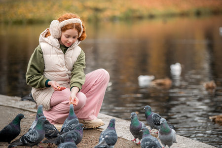 red-haired girl feeds pigeons and ducks swimming in a pond during a walk in an autumn city park. Quiet, soft, cloudy weather.の写真素材