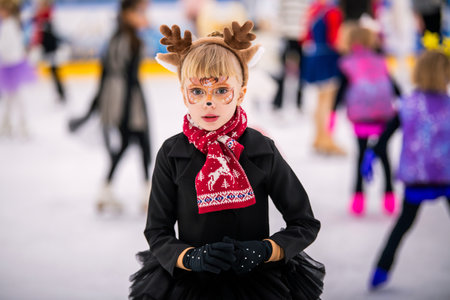 Portrait of little girl firurist in reindeer costume with watercolor make-up on face on ice rink, children's sports festival, Christmas.の写真素材