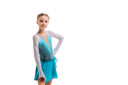 Young figure skater in bright costume posing. Portrait of girl isolated on white background.の写真素材