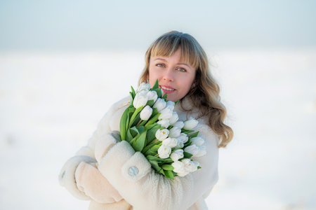 Beautiful Woman in a Winter Landscape Holding a Bouquet of White Tulipsの写真素材