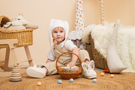 cheerful baby in a white hat with bunny ears and a beige jumpsuit sits on a soft rug, holding a...