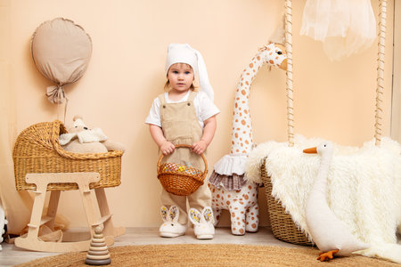 cheerful baby in a white hat with bunny ears and a beige jumpsuit stands on a soft rug, holding a wicker basket filled with colorful Easter eggs.の写真素材