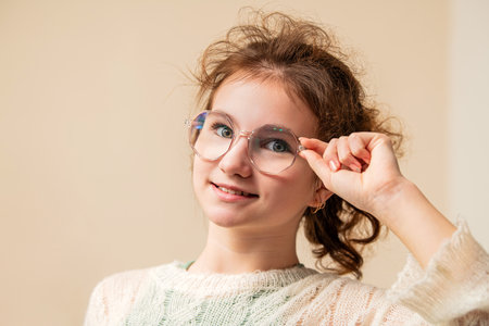 Young girl with curly hair smiling while adjusting her glasses. She wears a casual sweater, displaying a positive and confident facial expression. Warm beige background.の写真素材