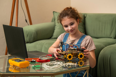 young girl working on a robotics project, carefully connecting wires and using a multimeter. The scene represents education, engineering skills, and creativity in technologの写真素材