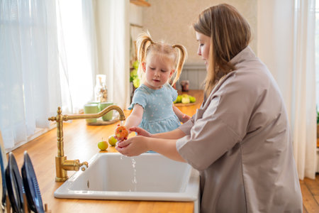 Parent and child washing a ripe apple under the kitchen sink faucet. The child, wearing a blue dress, seems engaged and curious as they hold the fruit amid a cozy kitchen settingの写真素材
