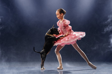 young ballerina dances in a pink tutu next to a dog. The contrast between the ballerina's sophistication and the dog's squatness.の写真素材