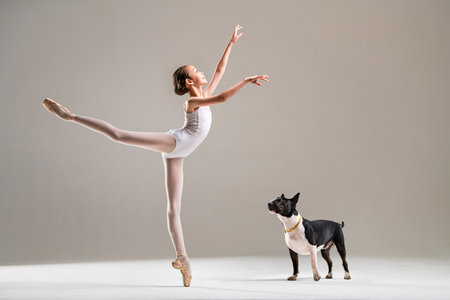 young Japanese girl poses elegantly in a ballet outfit next to a well-behaved dog. She demonstrates graceful movements illustrating the harmony between a person and a pet in a calm studio settingの写真素材