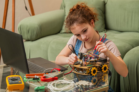 young girl working on a robotics project, carefully connecting wires and using a multimeter. The scene represents education, engineering skills, and creativity in technologの写真素材