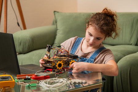 young girl working on a robotics project, carefully connecting wires and using a multimeter. The scene represents education, engineering skills, and creativity in technologの写真素材