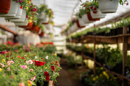 Vibrant flowers bloom in pots arranged neatly inside a greenhouse. Hanging pots add to the lush atmosphere, providing a serene setting surrounded by nature's beauty.の写真素材