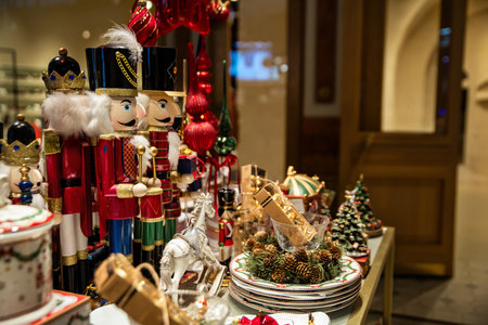 Christmas decor display with nutcracker figurines. Festive holiday arrangement for marketing,...