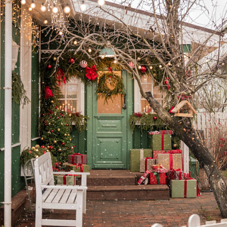 Christmas decorated house exterior with door, gifts, evergreen wreath, and holiday lights falling snow for festive Winter seasonの写真素材
