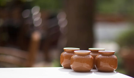 Ceramic pots in the glaze on the surface of the table in the open air. The glossy surface adds volume and appeal. Made in Ukraine, the city of Odessa.の写真素材