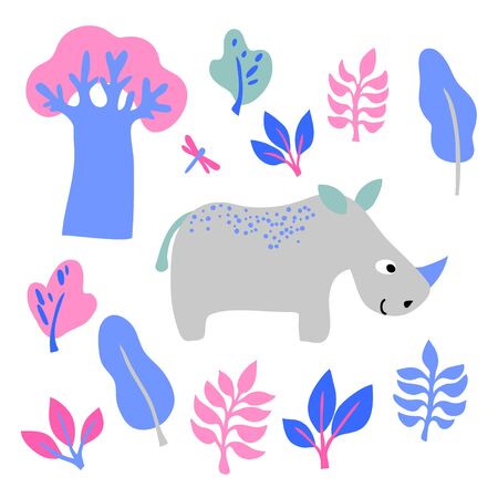 vector rhinoceros cute childish wild animal plant flowers leaf  illustration setのイラスト素材