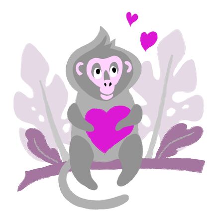 vector monkey marmoset wild kid animal with heart love card cartoon child designのイラスト素材