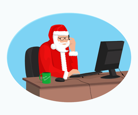 Modern Santa Claus is working at the computerのイラスト素材