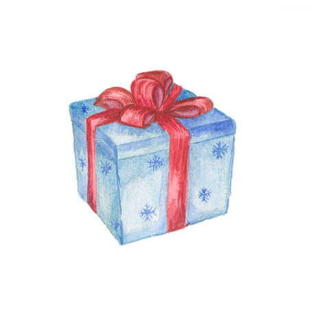 Blue christmas gift box with red bowの写真素材