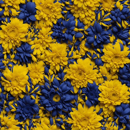 Floral pattern made of yellow chrysanthemums and blue daisiesの素材