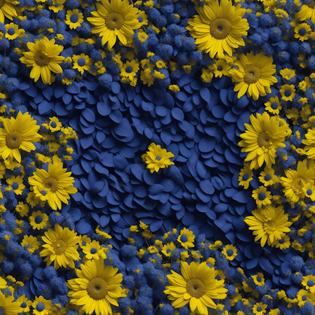 3d illustration of blue and yellow daisy flowers in the centerの素材
