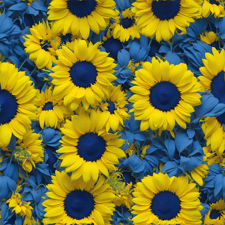 Background of bright yellow sunflowers with blue petals. floral pattern.の素材