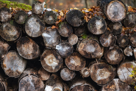 A pile of firewood in the forest, close-up.の写真素材