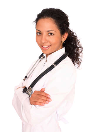 smiling asian doctor with a stethoscope over white backgroundの写真素材