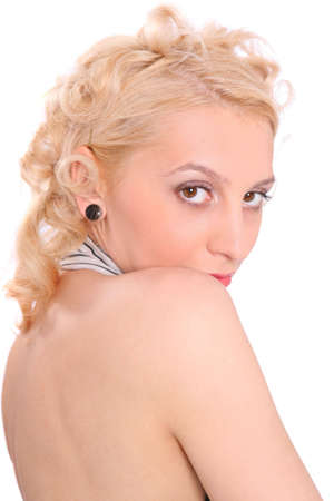 Portrait of a beautiful retro woman over white backgroundの写真素材
