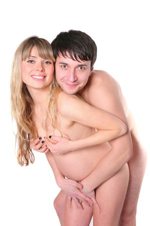 Happy naked future parents over white backgroundの写真素材