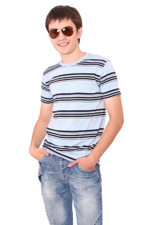 Portrait of a handsome man in sunglasses over white backgroundの写真素材