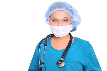 Asian doctor in uniform over white backgroundの写真素材