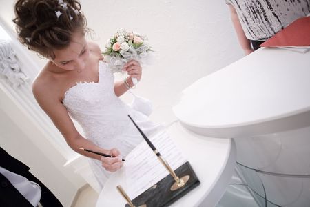 Brideis singing a wedding documentの写真素材
