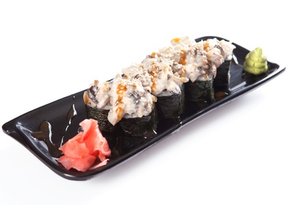 Platter of sushi rolls over white backgroundの写真素材