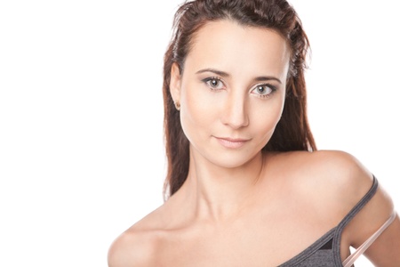 Portrait of a beautiful woman isolated over white backgroundの写真素材