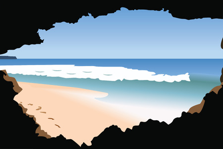 In-cave view of a sandy beach and sea  のイラスト素材