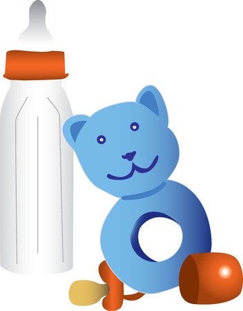 A illustrated collection of baby things including a bottle, pacifier and teething ring.のイラスト素材