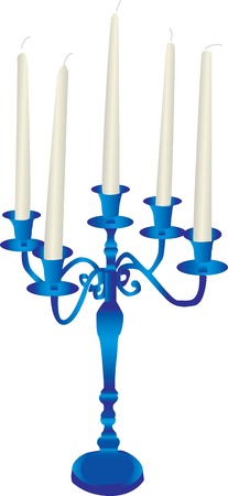 Vector illustration of a blue candelabra with white tapered candles, isolated on a white background.のイラスト素材