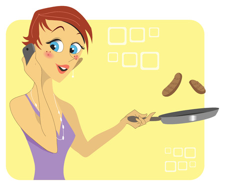 Cute woman talking on the phone while flipping patty burgers and cooking. Possibly a mother with her hands full.のイラスト素材