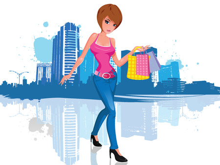 illustration of a young and attractive brunette woman with short hair, wearing an attractive pink shirt and black high heels shoes. She has three shopping bags in her hands. She walks in front of a cityscape illustration silhouette, with blue paint splashのイラスト素材