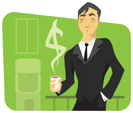 Vector of a smiling businessman on his break, having a coffee with a dollar sign of steam going up from it.のイラスト素材