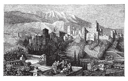 The Alhambra, in Granada, Spain. Old engraving around 1890, showing a group of people in front of the Alhambra fortress, also called the Red Palace.のeditorial素材