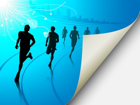 A set of six runners or marathon runners, running on a track on an abstract city or cityscape background with a sun. Vector illustration. The page looks like it is flipping, can easily add content there.のイラスト素材