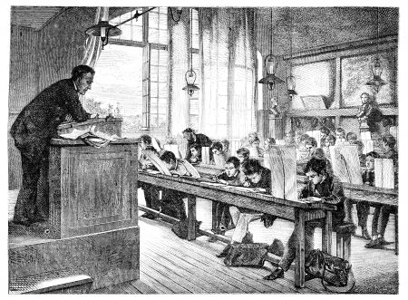 Salon of 1874; paint. - A drawing lessons at school Cochin, by A. Truphème. - The Drawing Hernault, vintage engraved illustration. Magasin Pittoresque 1875.の写真素材